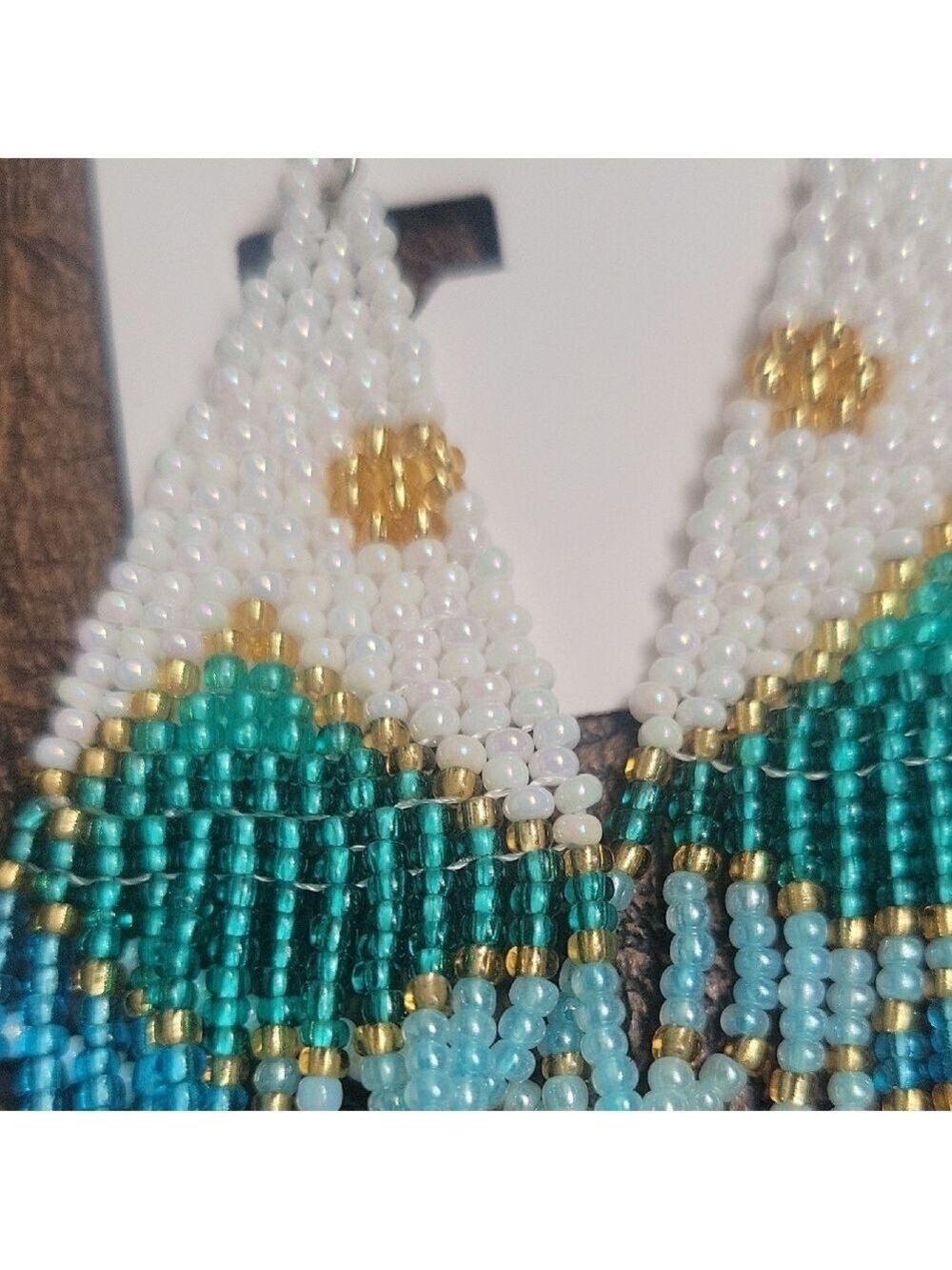 Boho Beaded Fringe Earrings Lot 2 Pairs Turquoise Brown White - Picture 7 of 9
